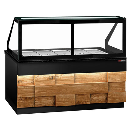 GGM Gastro Commercial Saladette Counter TORONTO - 2000mm - 1200L - Wood Front - 3 doors - with square glass canopy for 5 x GN 1/1 & 1 shelf - black granite worktop