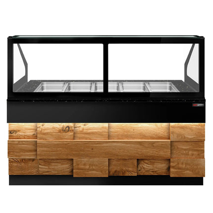 GGM Gastro Commercial Saladette Counter TORONTO - 2000mm - 1200L - Wood Front - 3 doors - with square glass canopy for 5 x GN 1/1 & 1 shelf - black granite worktop