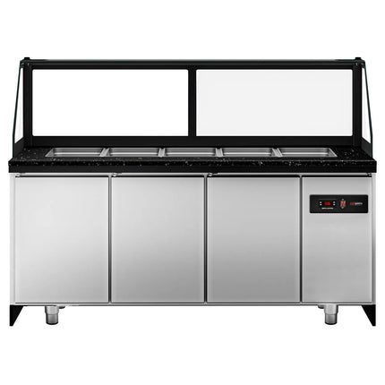 GGM Gastro Commercial Saladette Counter TORONTO - 2000mm - 1200L - Wood Front - 3 doors - with square glass canopy for 5 x GN 1/1 & 1 shelf - black granite worktop