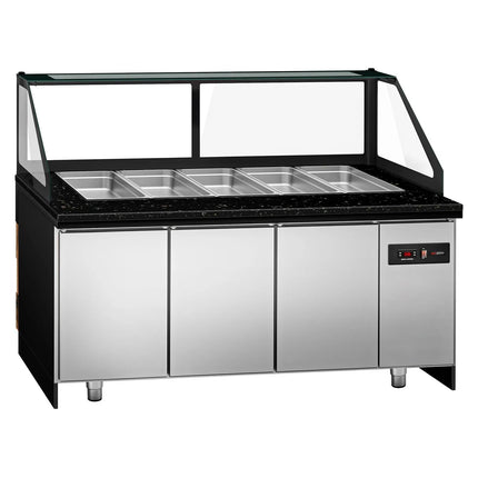 GGM Gastro Commercial Saladette Counter TORONTO - 2000mm - 1200L - Wood Front - 3 doors - with square glass canopy for 5 x GN 1/1 & 1 shelf - black granite worktop