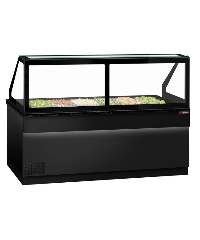 GGM Gastro Commercial Saladette Counter TORONTO - 2550mm - Black Front - 4 doors - with square glass canopy for 6 x GN 1/1 & 1 shelf - black granite worktop