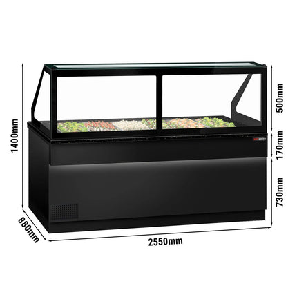 GGM Gastro Commercial Saladette Counter TORONTO - 2550mm - Black Front - 4 doors - with square glass canopy for 6 x GN 1/1 & 1 shelf - black granite worktop