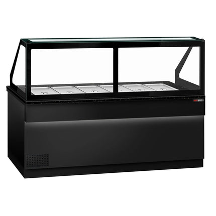 GGM Gastro Commercial Saladette Counter TORONTO - 2550mm - Black Front - 4 doors - with square glass canopy for 6 x GN 1/1 & 1 shelf - black granite worktop