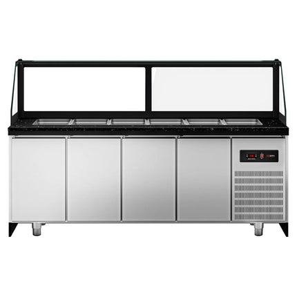 GGM Gastro Commercial Saladette Counter TORONTO - 2550mm - Black Front - 4 doors - with square glass canopy for 6 x GN 1/1 & 1 shelf - black granite worktop