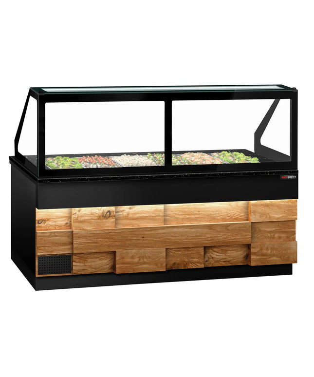 GGM Gastro Commercial Saladette Counter TORONTO - 2550mm - Wood Front - 4 doors - with square glass canopy for 6 x GN 1/1 & 1 shelf - black granite worktop