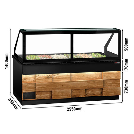GGM Gastro Commercial Saladette Counter TORONTO - 2550mm - Wood Front - 4 doors - with square glass canopy for 6 x GN 1/1 & 1 shelf - black granite worktop