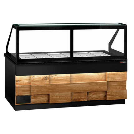 GGM Gastro Commercial Saladette Counter TORONTO - 2550mm - Wood Front - 4 doors - with square glass canopy for 6 x GN 1/1 & 1 shelf - black granite worktop