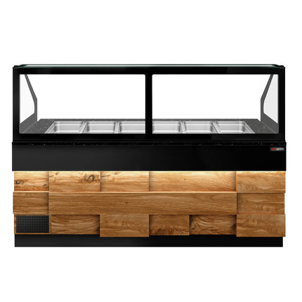 GGM Gastro Commercial Saladette Counter TORONTO - 2550mm - Wood Front - 4 doors - with square glass canopy for 6 x GN 1/1 & 1 shelf - black granite worktop