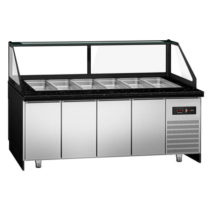 GGM Gastro Commercial Saladette Counter TORONTO - 2550mm - Wood Front - 4 doors - with square glass canopy for 6 x GN 1/1 & 1 shelf - black granite worktop