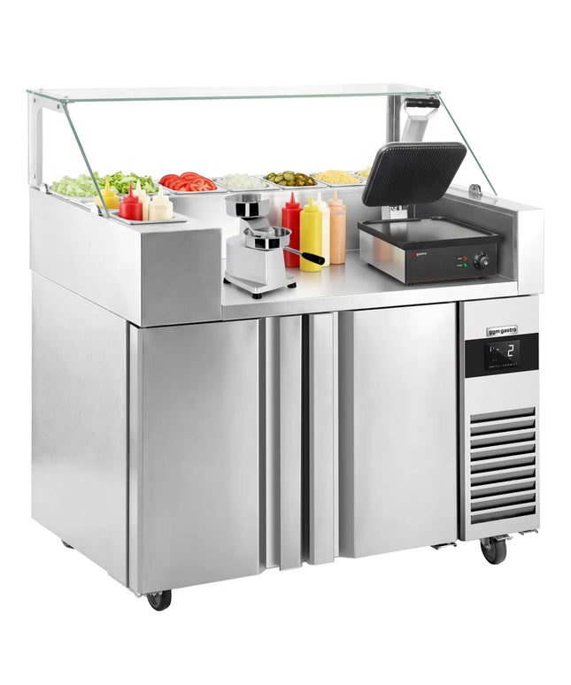 GGM Gastro Commercial Saladette Prep Counter - 1210x700mm - 1 Door & 2 Drawers - for 9x GN 1/6 - incl. Digital contact grill & Hamburger machine