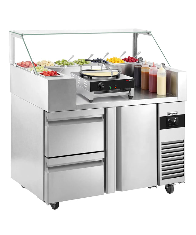 GGM Gastro Commercial Saladette Prep Counter - 1210x700mm - 1 Door & 2 Drawers - for 9x GN 1/6 - incl. Glass sneeze guard, Crêpe maker, Batter spreader & Wooden spatula