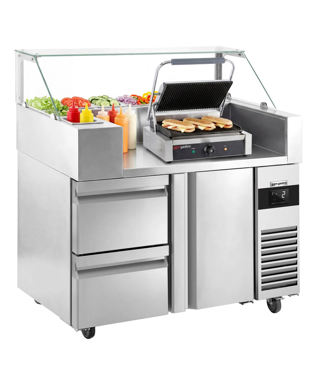 GGM Gastro Commercial Saladette Prep Counter - 1210x700mm - 1 Door & 2 Drawers - for 9x GN 1/6 - incl. Digital contact grill