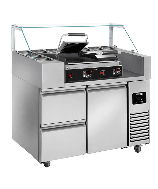 GGM Gastro Commercial Saladette Prep Counter - 1210x700mm - 1 Door & 2 Drawers - for 9x GN 1/6 - incl. Contact grill