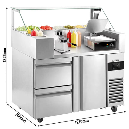 GGM Gastro Commercial Saladette Prep Counter - 1210x700mm - 1 Door & 2 Drawers - for 9x GN 1/6 - incl. Digital contact grill & Hamburger machine