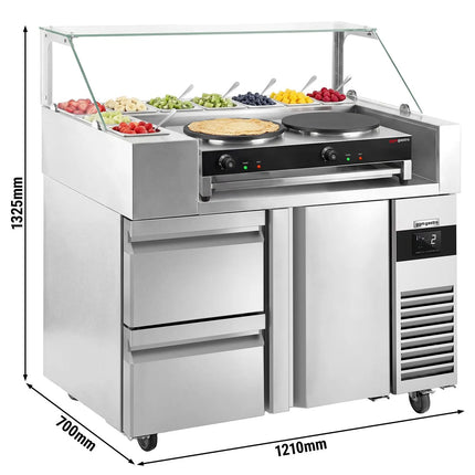 GGM Gastro Commercial Saladette Prep Counter - 1210x700mm - 1 Door & 2 Drawers - for 9x GN 1/6 - incl. Crepe maker with 2 plates & Wooden spatula