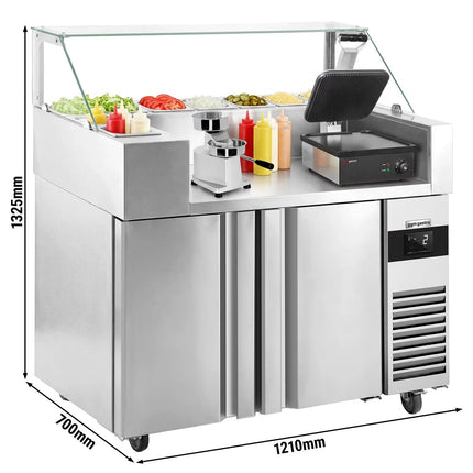 GGM Gastro Commercial Saladette Prep Counter - 1210x700mm - 1 Door & 2 Drawers - for 9x GN 1/6 - incl. Digital contact grill & Hamburger machine