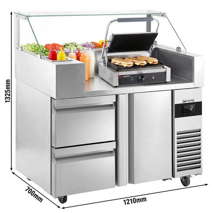 GGM Gastro Commercial Saladette Prep Counter - 1210x700mm - 1 Door & 2 Drawers - for 9x GN 1/6 - incl. Digital contact grill