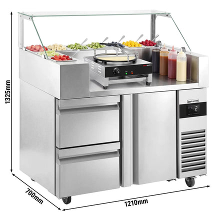 GGM Gastro Commercial Saladette Prep Counter - 1210x700mm - 1 Door & 2 Drawers - for 9x GN 1/6 - incl. Glass sneeze guard, Crêpe maker, Batter spreader & Wooden spatula