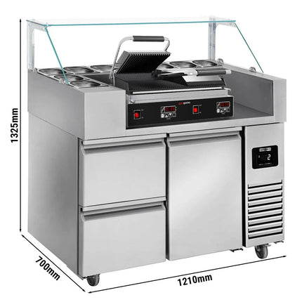 GGM Gastro Commercial Saladette Prep Counter - 1210x700mm - 1 Door & 2 Drawers - for 9x GN 1/6 - incl. Contact grill