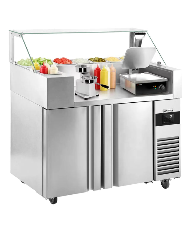GGM Gastro Commercial Saladette Prep Counter - 1210x700mm - 2 Doors - for 9x GN 1/6 - incl. Digital contact grill & Hamburger machine