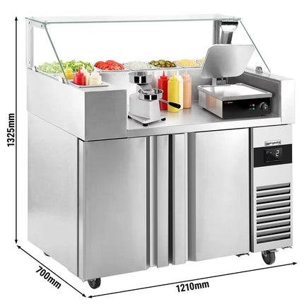 GGM Gastro Commercial Saladette Prep Counter - 1210x700mm - 2 Doors - for 9x GN 1/6 - incl. Digital contact grill & Hamburger machine