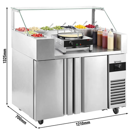 GGM Gastro Commercial Saladette Prep Counter - 1210x700mm - 2 Doors - for 9x GN 1/6 - incl. Glass showcase, Crepe maker, Batter spreader & Wooden spatula