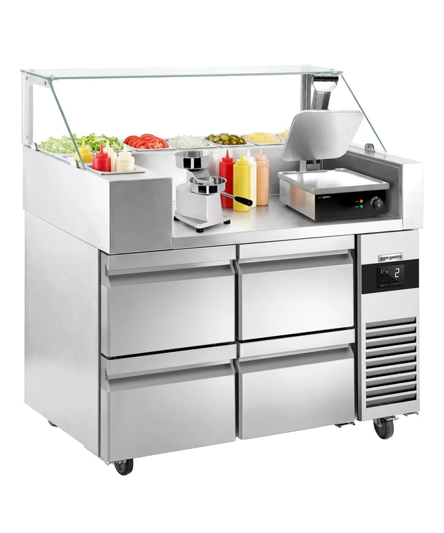 GGM Gastro Commercial Saladette Prep Counter - 1210x700mm - 4 Drawers - for 9x GN 1/6 - incl. Digital contact grill & Hamburger machine