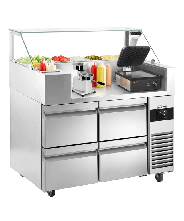 GGM Gastro Commercial Saladette Prep Counter - 1210x700mm - 4 Drawers - for 9x GN 1/6 - incl. Digital contact grill & Hamburger machine