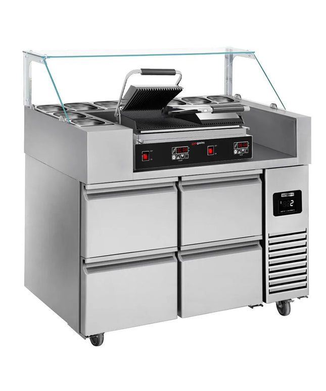 GGM Gastro Commercial Saladette Prep Counter - 1210x700mm - 4 Drawers - for 9x GN 1/6 - incl. Contact grill