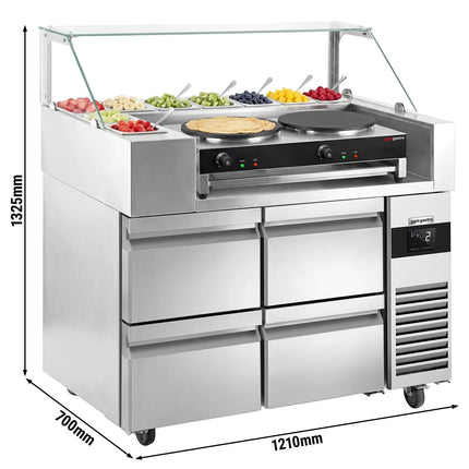 GGM Gastro Commercial Saladette Prep Counter - 1210x700mm - 4 Drawers - for 9x GN 1/6 - incl. Crepes maker with 2 plates & Wooden spatula