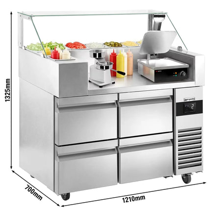 GGM Gastro Commercial Saladette Prep Counter - 1210x700mm - 4 Drawers - for 9x GN 1/6 - incl. Digital contact grill & Hamburger machine