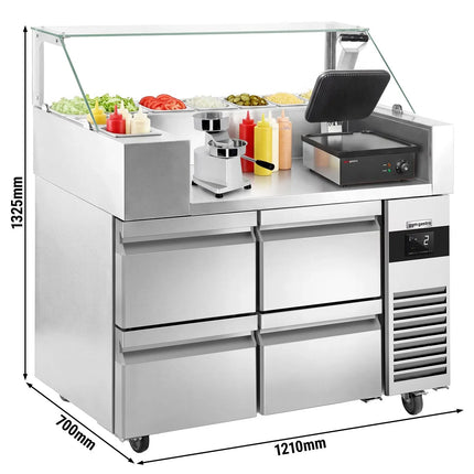 GGM Gastro Commercial Saladette Prep Counter - 1210x700mm - 4 Drawers - for 9x GN 1/6 - incl. Digital contact grill & Hamburger machine