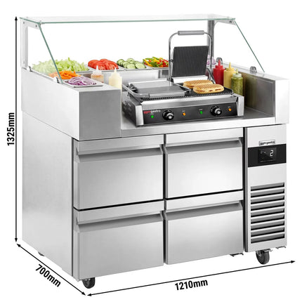 GGM Gastro Commercial Saladette Prep Counter - 1210x700mm - 4 Drawers - for 9x GN 1/6 - incl. Digital contact grill