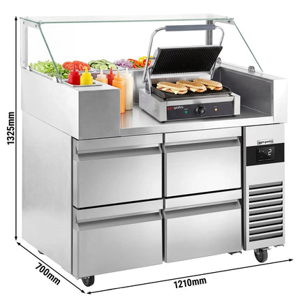 GGM Gastro Commercial Saladette Prep Counter - 1210x700mm - 4 Drawers - for 9x GN 1/6 - incl. Digital contact grill