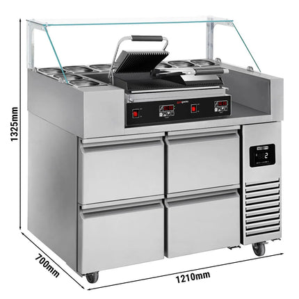 GGM Gastro Commercial Saladette Prep Counter - 1210x700mm - 4 Drawers - for 9x GN 1/6 - incl. Contact grill