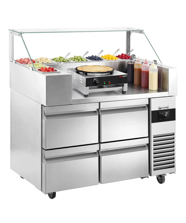 GGM Gastro Commercial Saladette Prep Counter - 1210x700mm - 4 Drawers - topper for 9x GN 1/6 - incl. Glass sneeze guard & Crepe maker with wooden spatula