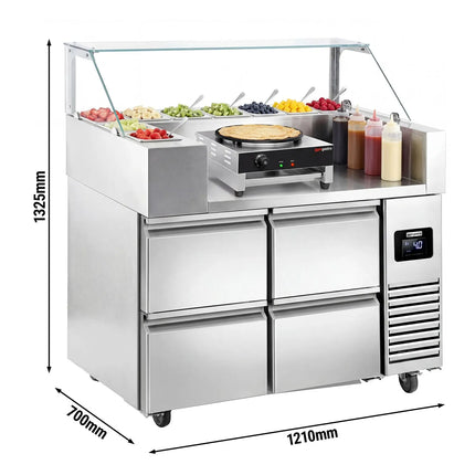 GGM Gastro Commercial Saladette Prep Counter - 1210x700mm - 4 Drawers - topper for 9x GN 1/6 - incl. Glass sneeze guard & Crepe maker with wooden spatula