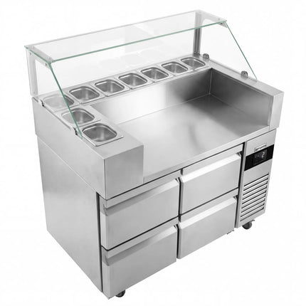 GGM Gastro Commercial Saladette Prep Counter - 1210x700mm - 4 Drawers - topper for 9x GN 1/6 - incl. Glass sneeze guard & Crepe maker with wooden spatula
