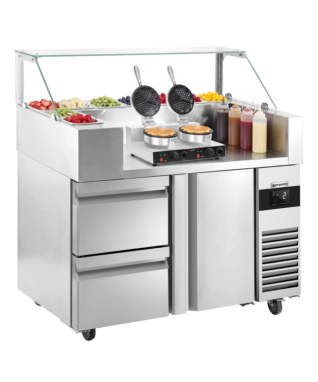 GGM Gastro Commercial Saladette Prep Counter - 1210x700mm - with 1 Door & 2 Drawers - for 9x GN 1/6 - incl. Double waffle maker