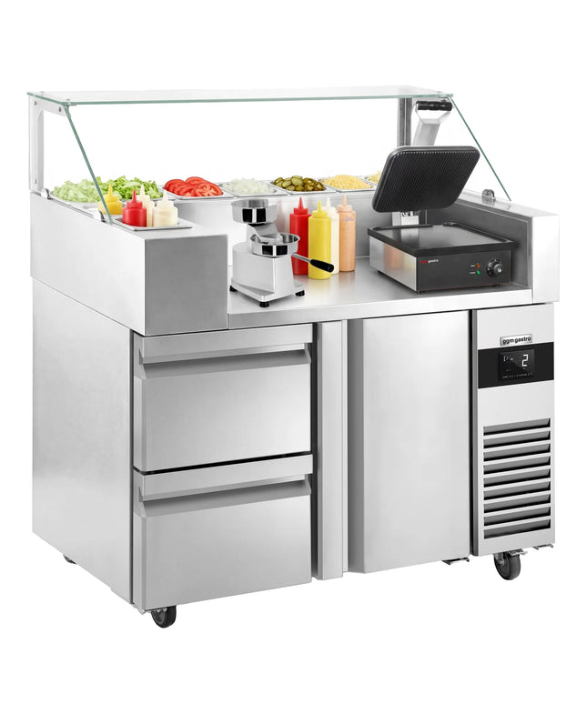 GGM Gastro Commercial Saladette Prep Counter - 1210x700mm - with 1 Door & 2 Drawers - for 9x GN 1/6 - incl. Digital contact grill & Hamburger machine