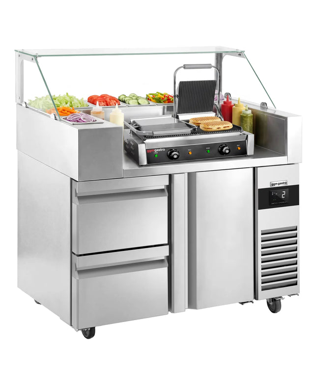 GGM Gastro Commercial Saladette Prep Counter - 1210x700mm - with 1 Door & 2 Drawers - for 9x GN 1/6 - incl. Digital contact grill
