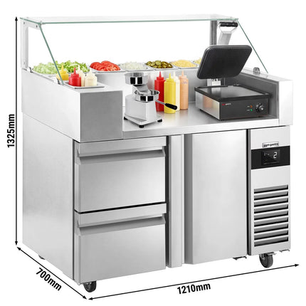 GGM Gastro Commercial Saladette Prep Counter - 1210x700mm - with 1 Door & 2 Drawers - for 9x GN 1/6 - incl. Digital contact grill & Hamburger machine