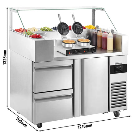 GGM Gastro Commercial Saladette Prep Counter - 1210x700mm - with 1 Door & 2 Drawers - for 9x GN 1/6 - incl. Double waffle maker