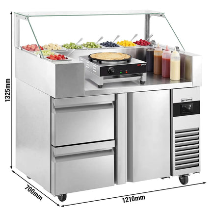 GGM Gastro Commercial Saladette Prep Counter - 1210x700mm - with 1 Door & 2 Drawers - for 9x GN 1/6 - incl. Crepes maker & wooden spatula