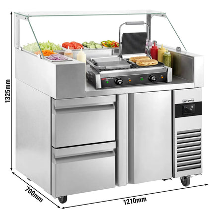 GGM Gastro Commercial Saladette Prep Counter - 1210x700mm - with 1 Door & 2 Drawers - for 9x GN 1/6 - incl. Digital contact grill