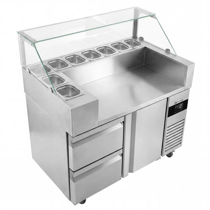 GGM Gastro Commercial Saladette Prep Counter - 1210x700mm - with 1 Door & 2 Drawers - for 9x GN 1/6 - incl. Digital contact grill & Hamburger machine
