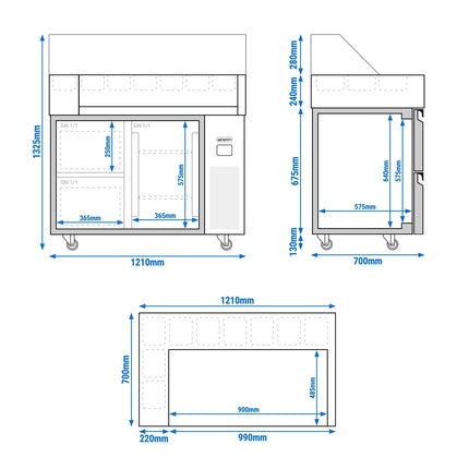 GGM Gastro Commercial Saladette Prep Counter - 1210x700mm - with 1 Door & 2 Drawers - for 9x GN 1/6