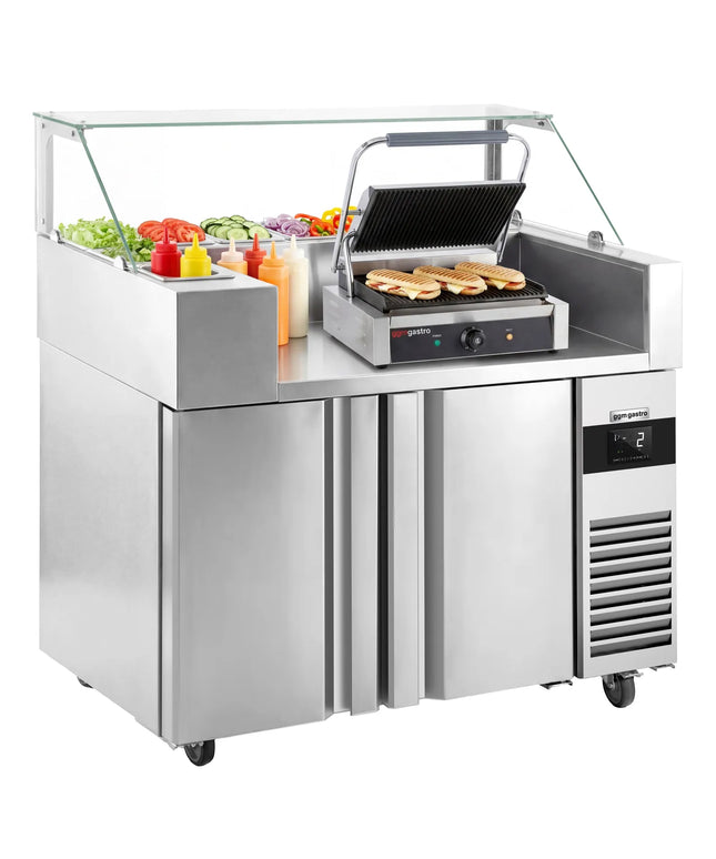 GGM Gastro Commercial Saladette Prep Counter - 1210x700mm - with 2 Doors - for 9x GN 1/6 - incl. Digital contact grill