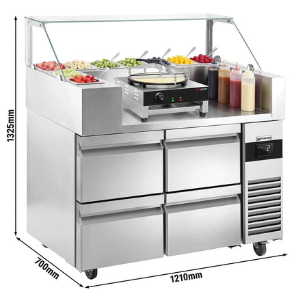 GGM Gastro Commercial Saladette Prep Counter - 1210x700mm - with 4 Drawers - for 9x GN 1/6 - incl. Glass sneeze guard, Crêpe maker & Batter spreader