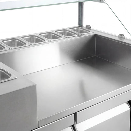 GGM Gastro Commercial Saladette Prep Counter - 1210x700mm - with 4 Drawers - for 9x GN 1/6 - incl. Glass sneeze guard, Crêpe maker & Batter spreader